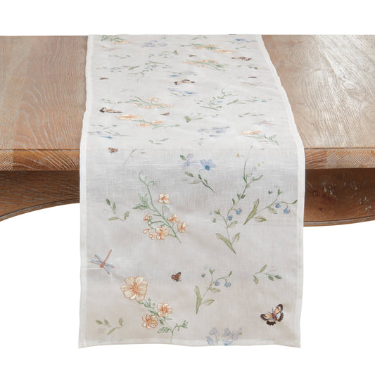 Sheer Floral & Butterfly Printed Decorative Table Runner: Natural / 14"x72"