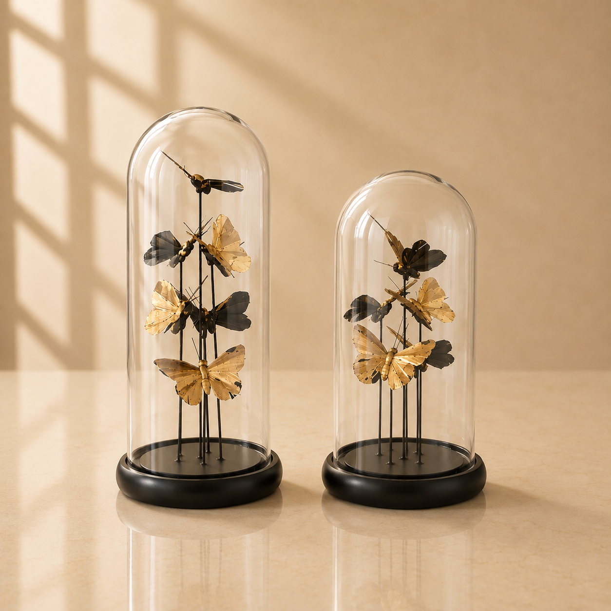 Glass Cloche w/Gold Butterflies Set of 2