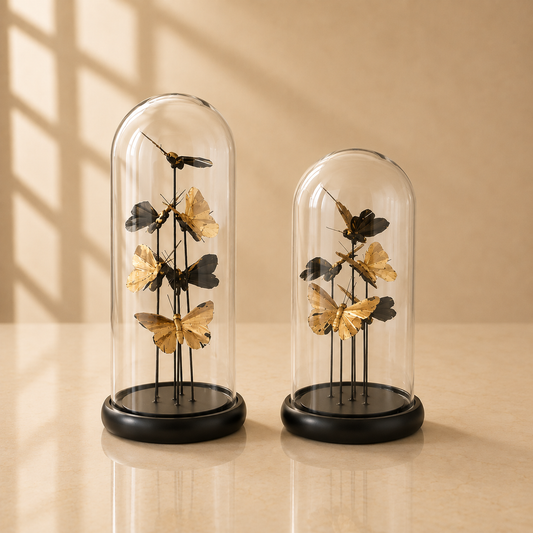 Glass Cloche w/Gold Butterflies Set of 2