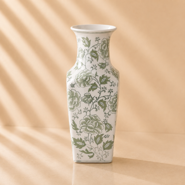 Green & White Floral Ceramic Vase 14”