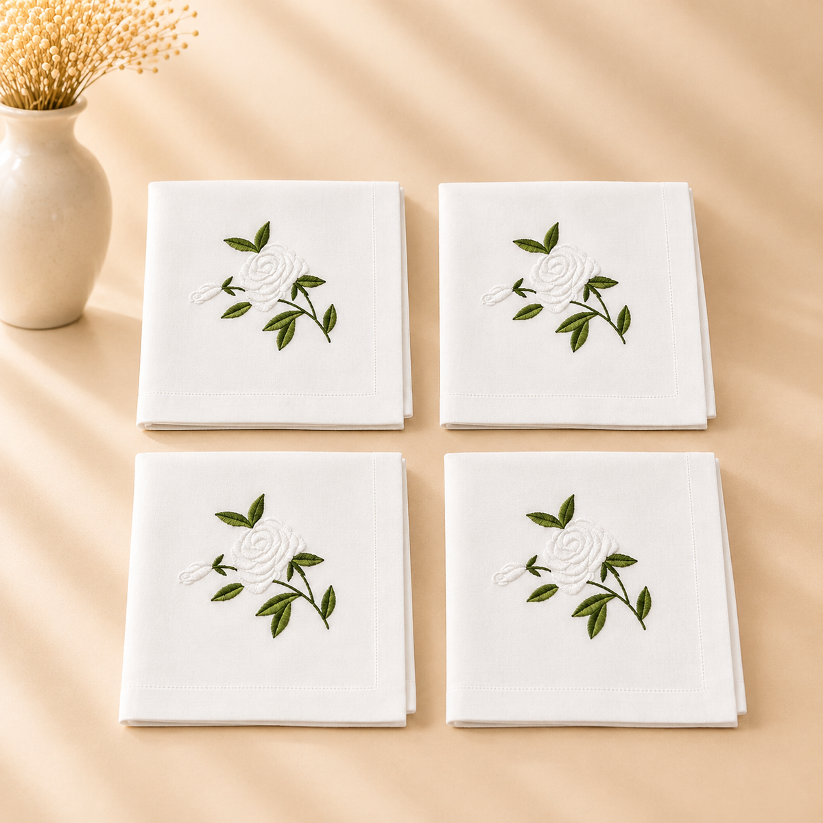 Washable White/Green Rose Napkin - 20” x 20” Set of 4