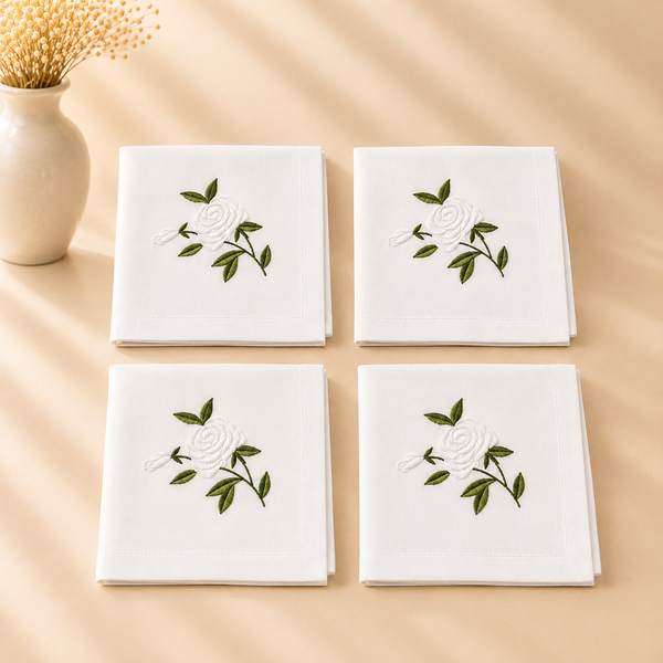 Washable White/Green Rose Napkin - 20” x 20” Set of 4