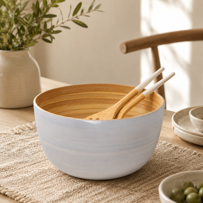 Bamboo Salad Bowl & Salad Server - White
