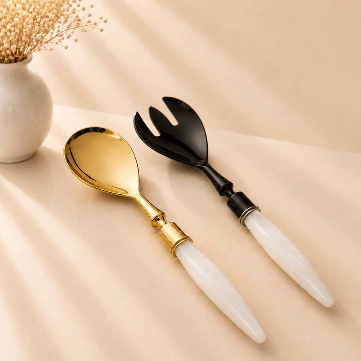 Salad Server Set - Gold Spoon Black Fork with Acrylic Handles