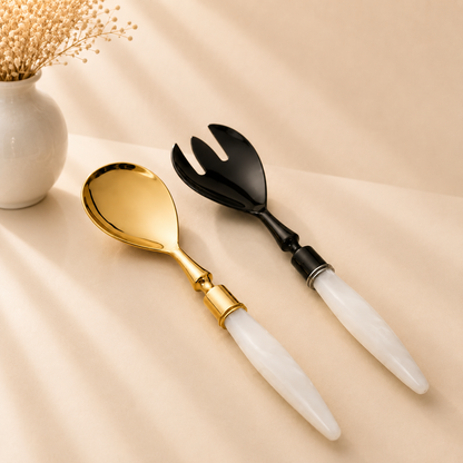 Salad Server Set - Gold Spoon Black Fork with Acrylic Handles