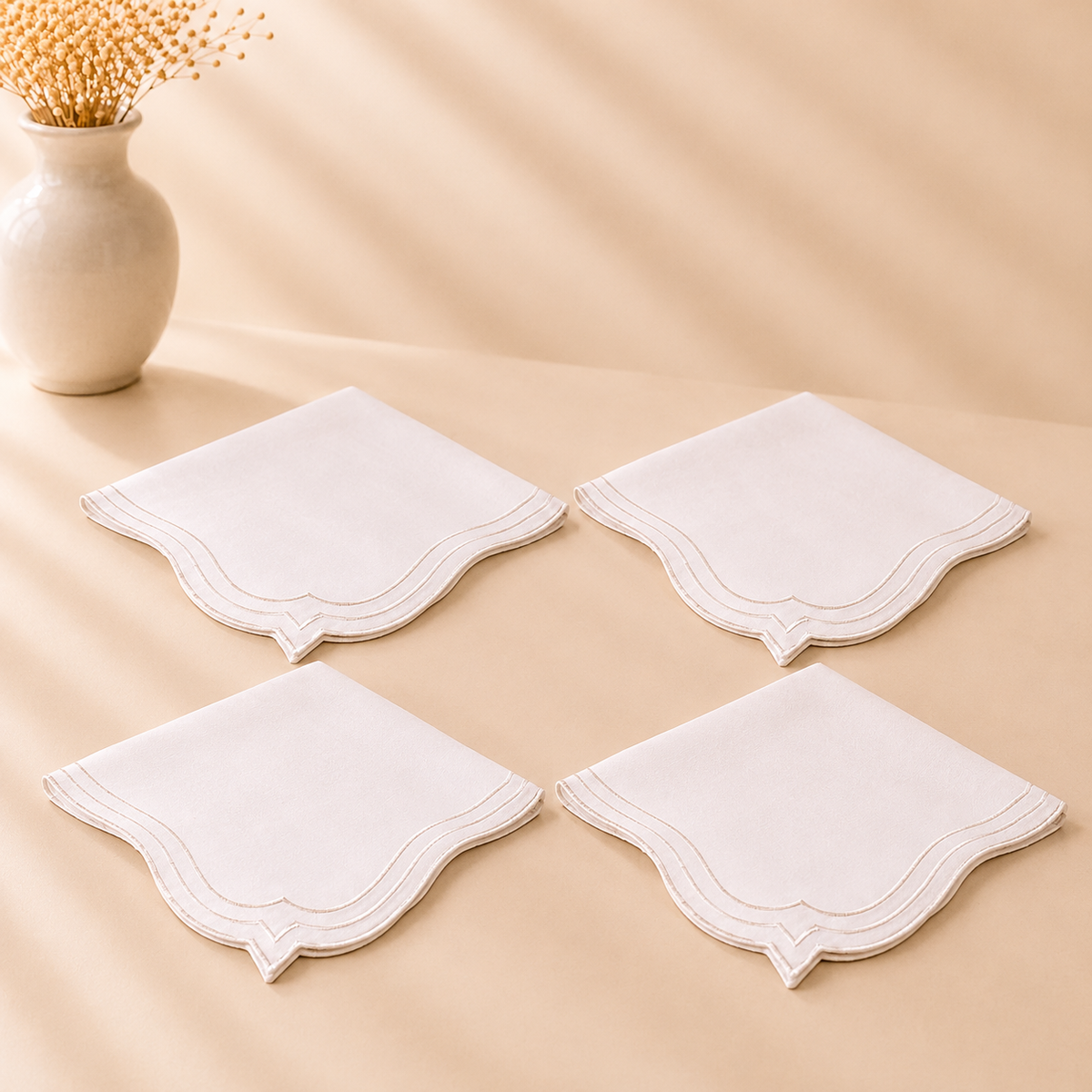Washable 3 Line Scalloped White Napkin - 20" X 20" Set of 4