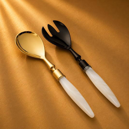 Salad Server Set - Gold Spoon Black Fork with Acrylic Handles