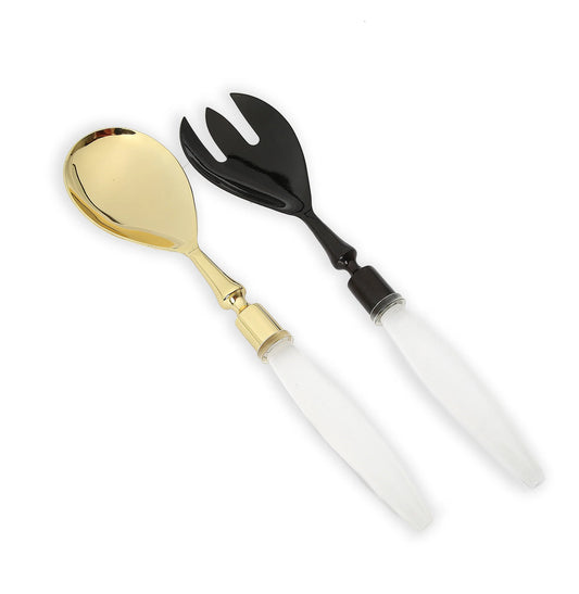 Salad Server Set - Gold Spoon Black Fork with Acrylic Handles