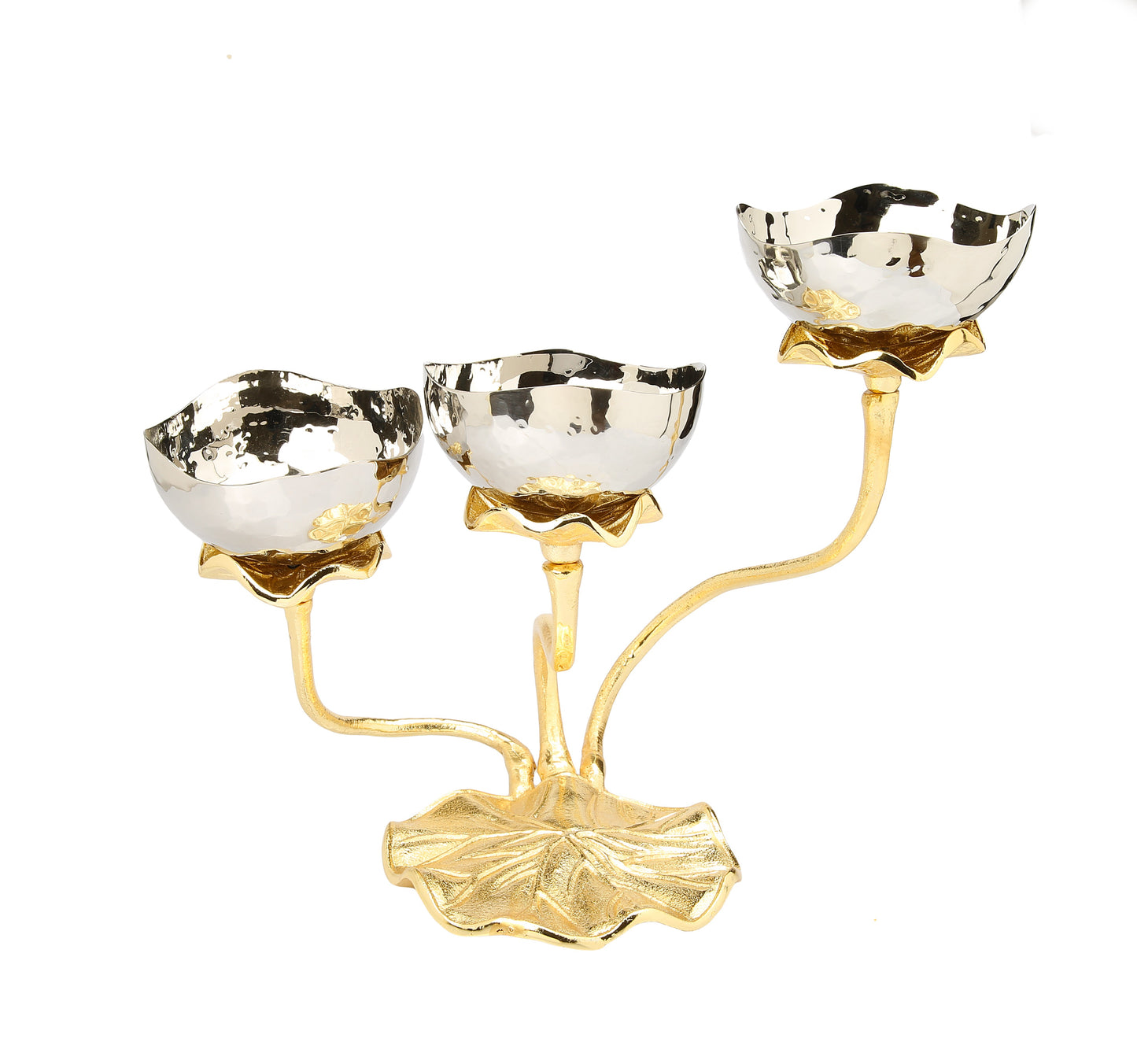 3 Bowl Stainless Steel Relish Dish with Gold Lotus Foot - Jubilee Party